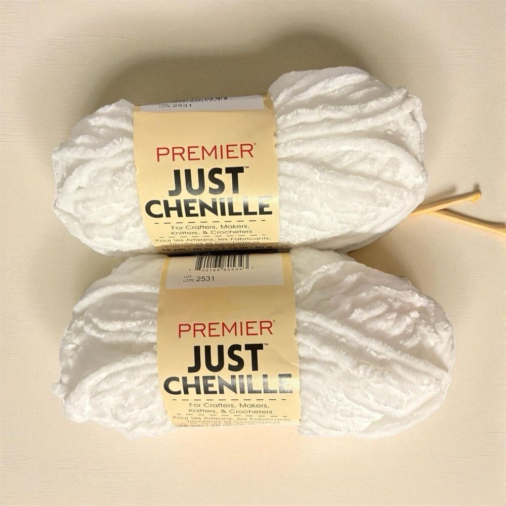 Premier Just Chenille Yarn White 65 Yds 1.76 Oz Super Bulky 2 Skeins Lot 2531